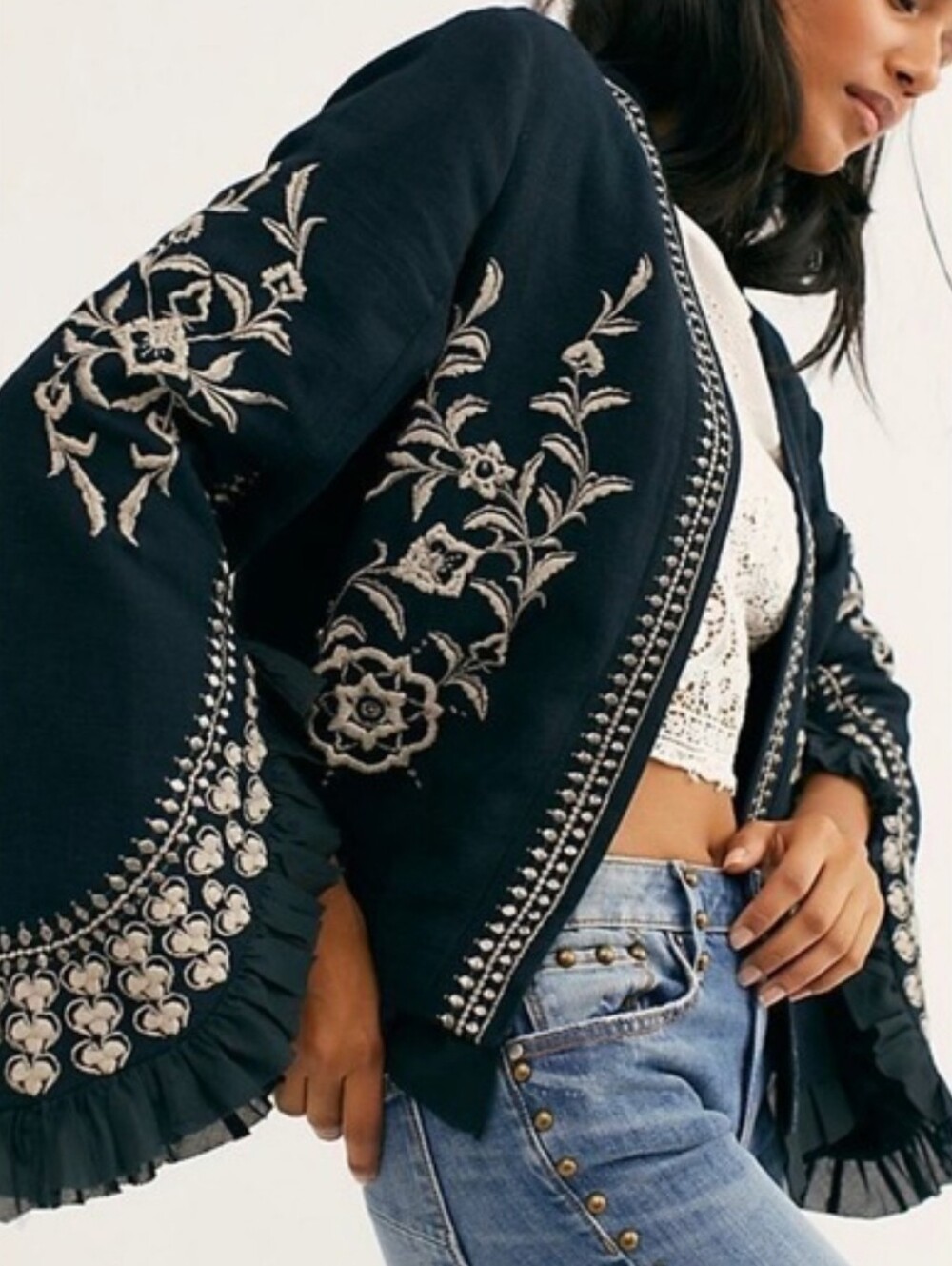 Free People Paisley Park Bell Sleeve Embroidered Linen Open Jacket MEDIUM